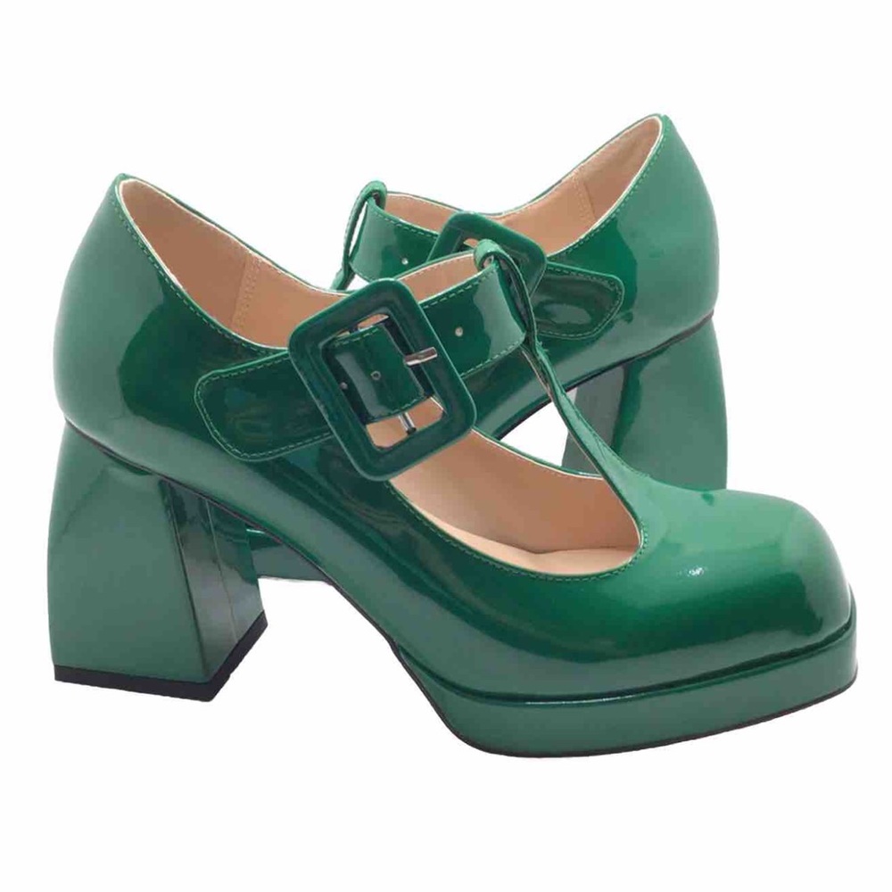 NWOB Latasa Platform Chunky Heels Green Patent Leather Mary Janes Heels Size 9.5